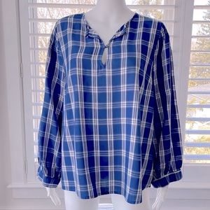 OLD NAVY Women’s Blue & White Checkered Plaid Casual Shirt, Keyhole Button Top